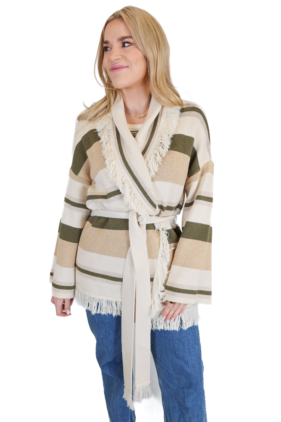 Tularosa Neutral stripe fringe cardigan NWT (XS)