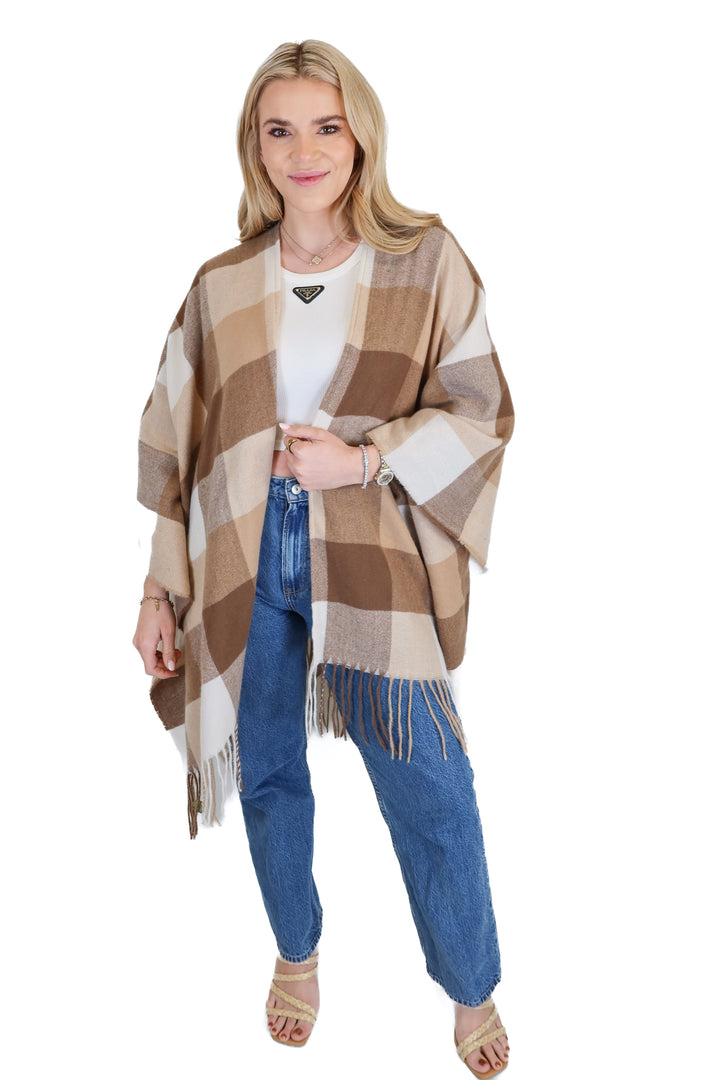 Taupe Plaid Flannel Poncho Wrap (O/S)