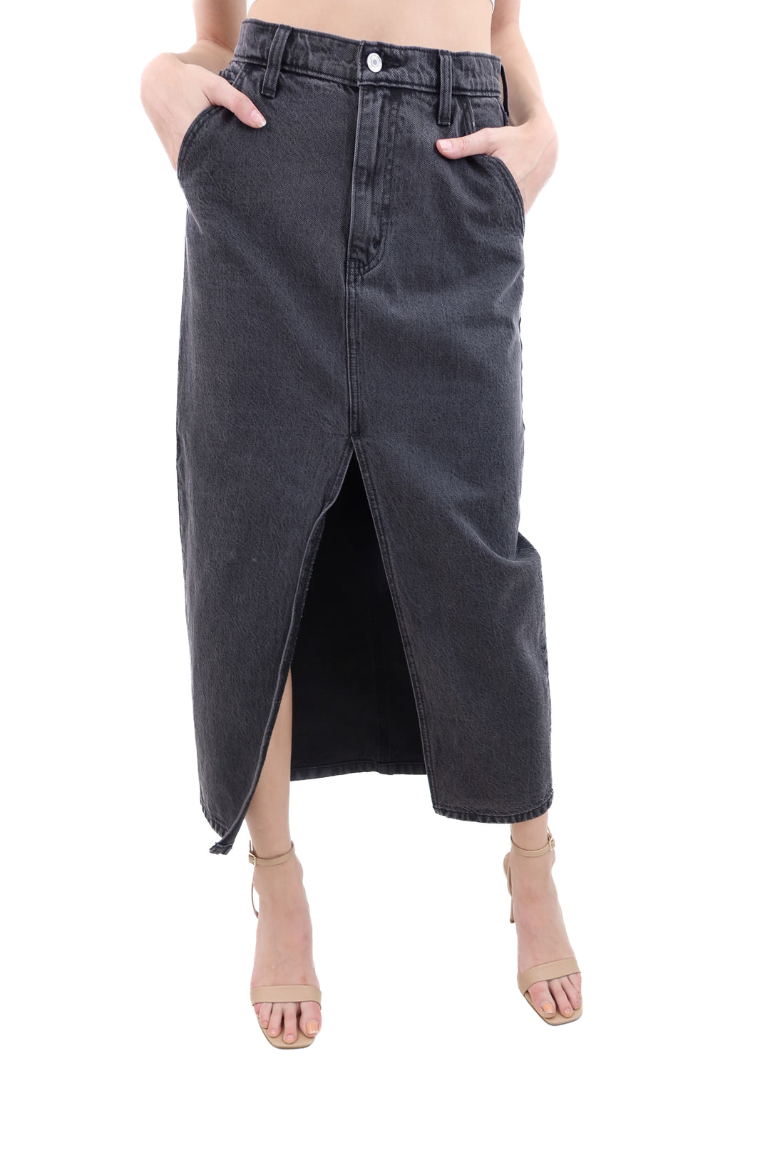 abercrombie & fitch black denim midi skirt (26; retail $80)