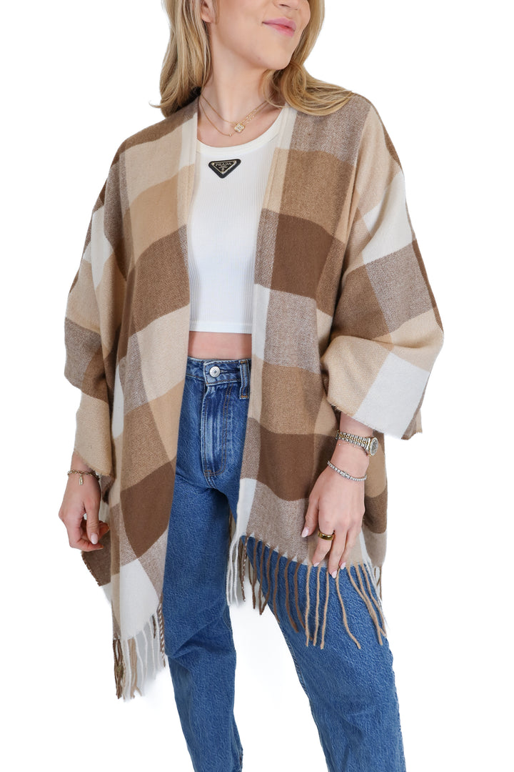 Taupe Plaid Flannel Poncho Wrap (O/S)