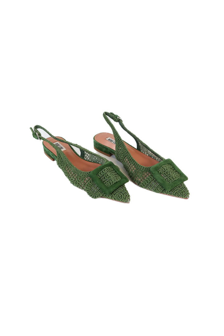 Bibi Lou Green Fabric Buckle Slingback Flats NWOT (38; retail $197)