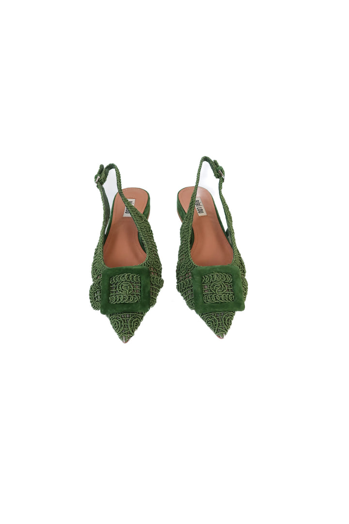 Bibi Lou Green Fabric Buckle Slingback Flats NWOT (38; retail $197)