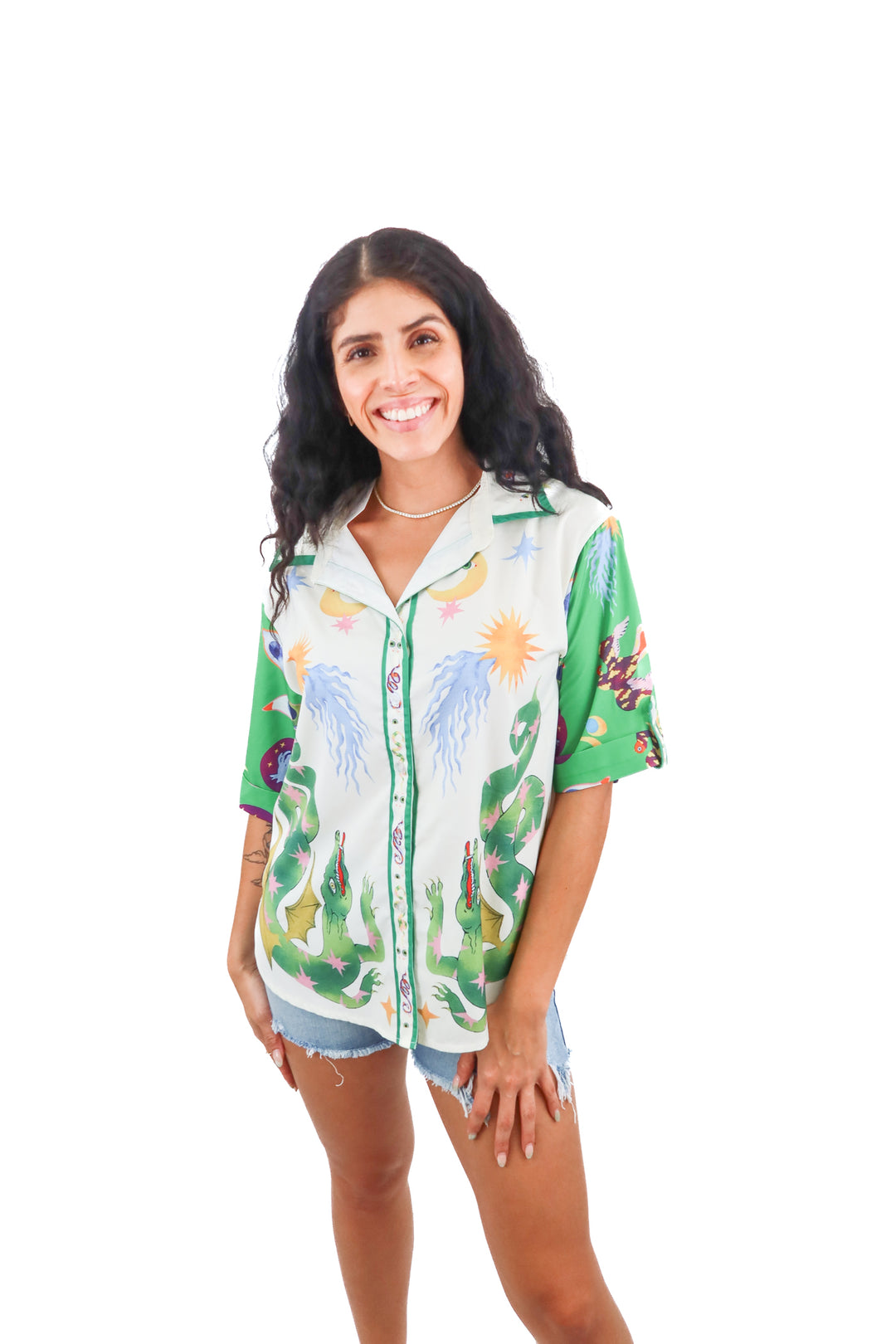 abstract print button up short sleeve top (s)