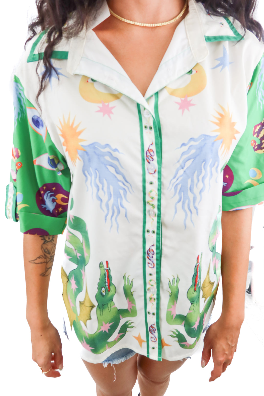 abstract print button up short sleeve top (s)