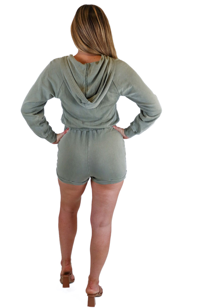L Space green hooded long sleeve romper (XS)