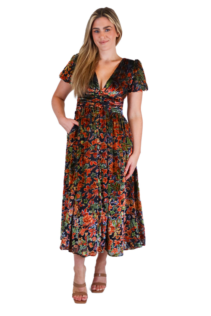 Anthropologie floral velvet midi dress NWT (00; retail $228)