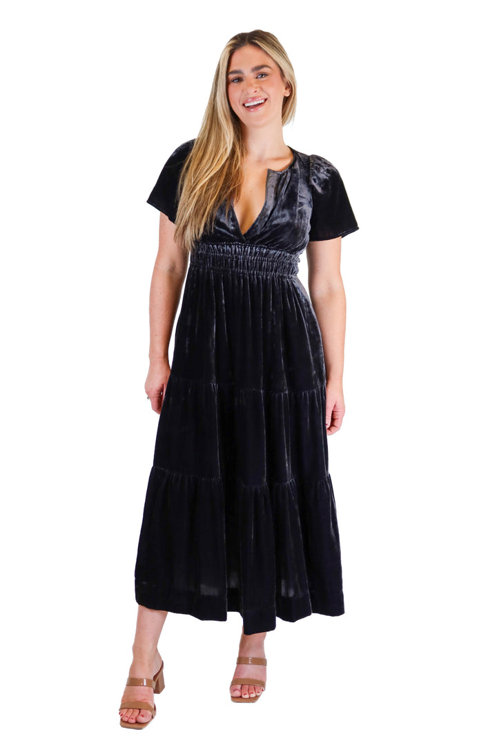 Anthropologie black velvet midi dress NWT (XXS; retail $180)