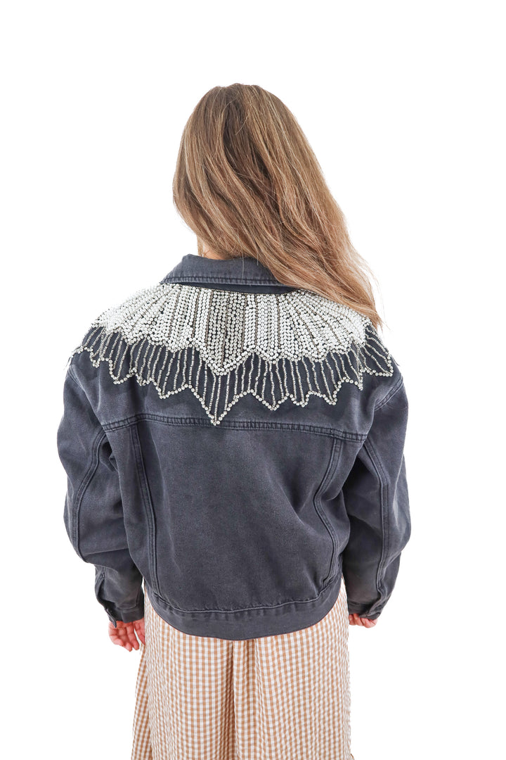 vici black denim rhinestone/pearl jacket (s)