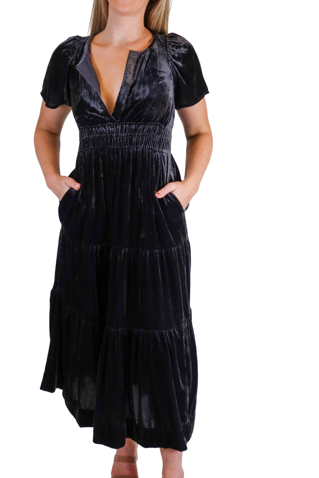 Anthropologie black velvet midi dress NWT (XXS; retail $180)