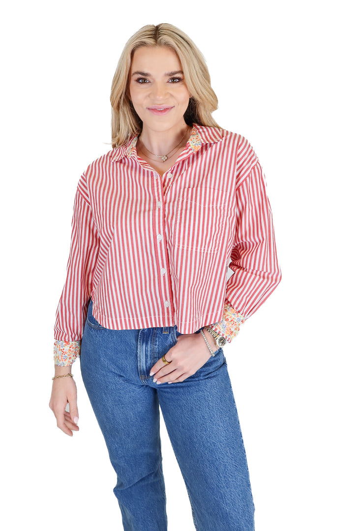 American Eagle Red & White Striped Button Down Top (S)