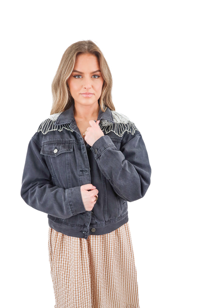 vici black denim rhinestone/pearl jacket (s)