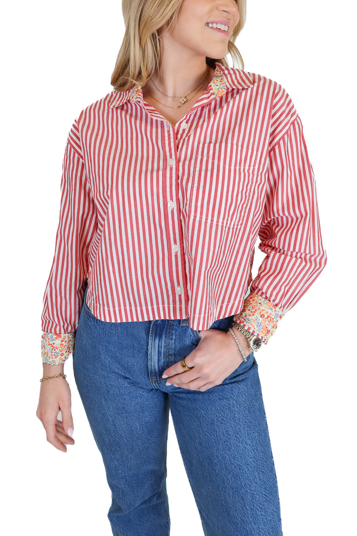 American Eagle Red & White Striped Button Down Top (S)