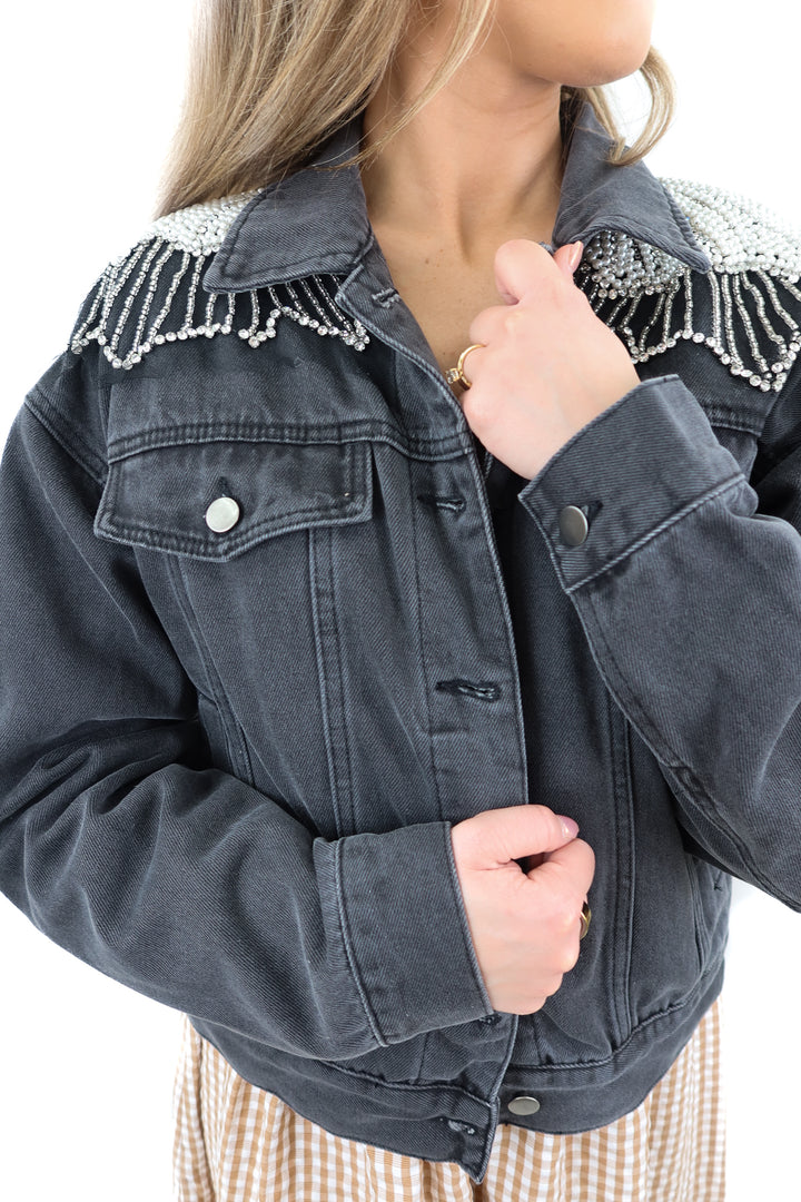 vici black denim rhinestone/pearl jacket (s)