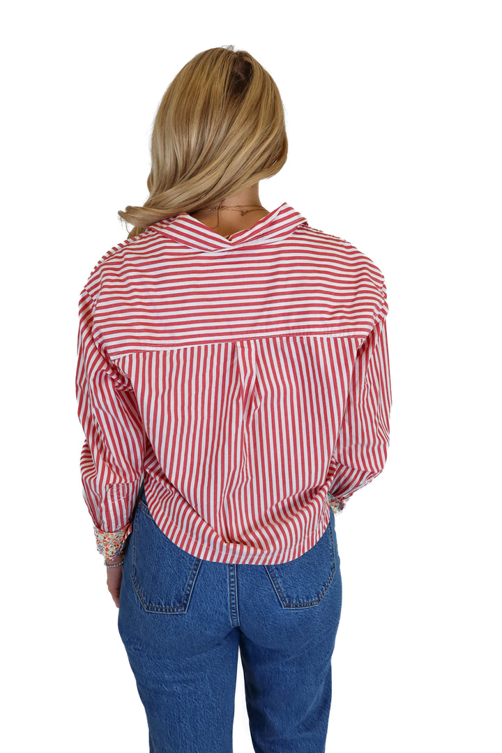 American Eagle Red & White Striped Button Down Top (S)
