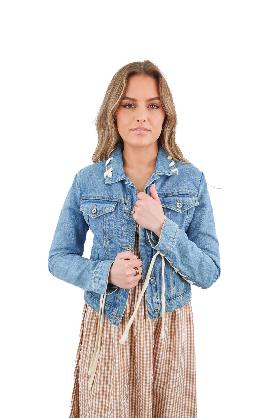 endless rose light wash lace up jacket (xs)