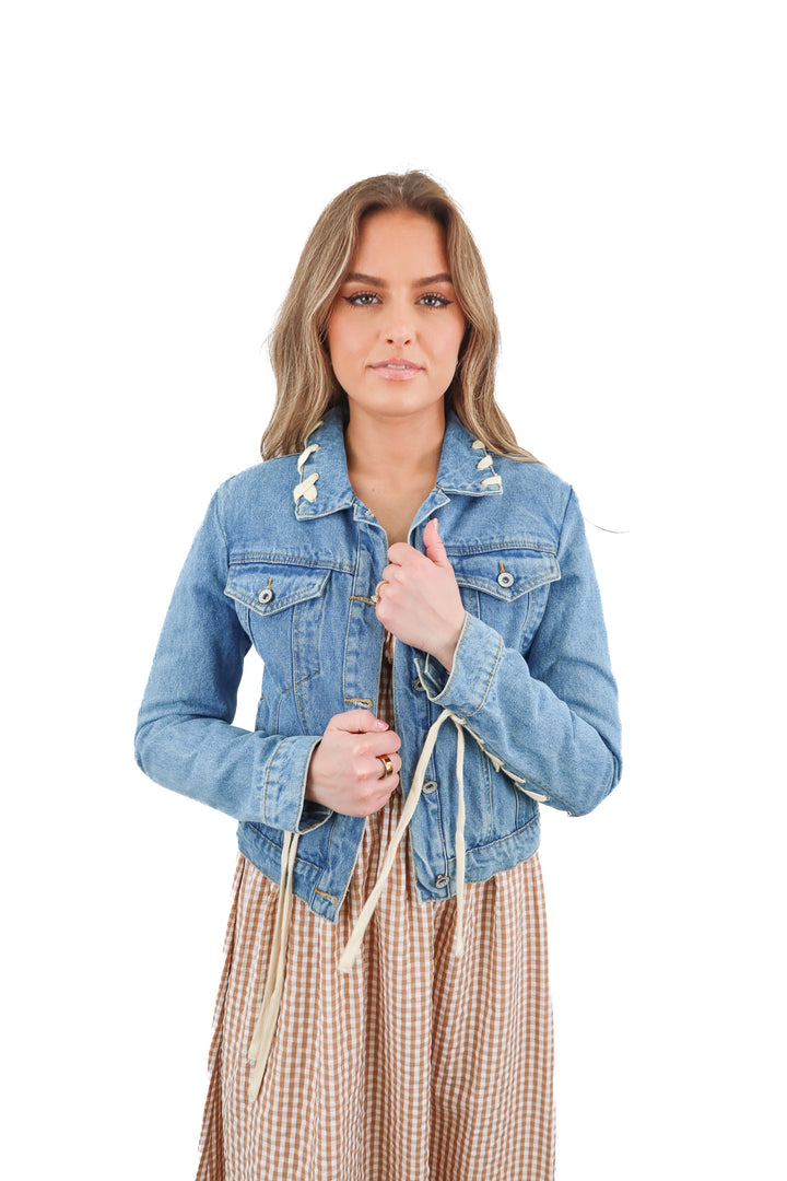 endless rose light wash lace up jacket (xs)