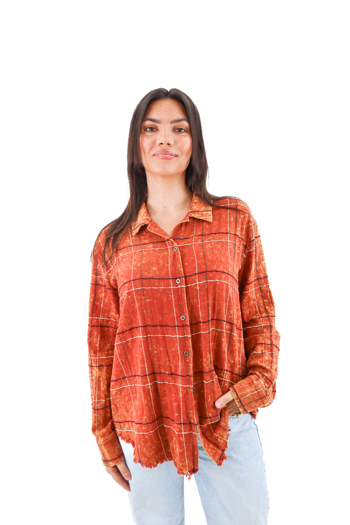 mystree orange plaid button up (m)