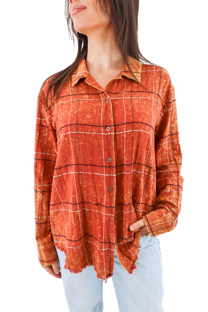 mystree orange plaid button up (m)
