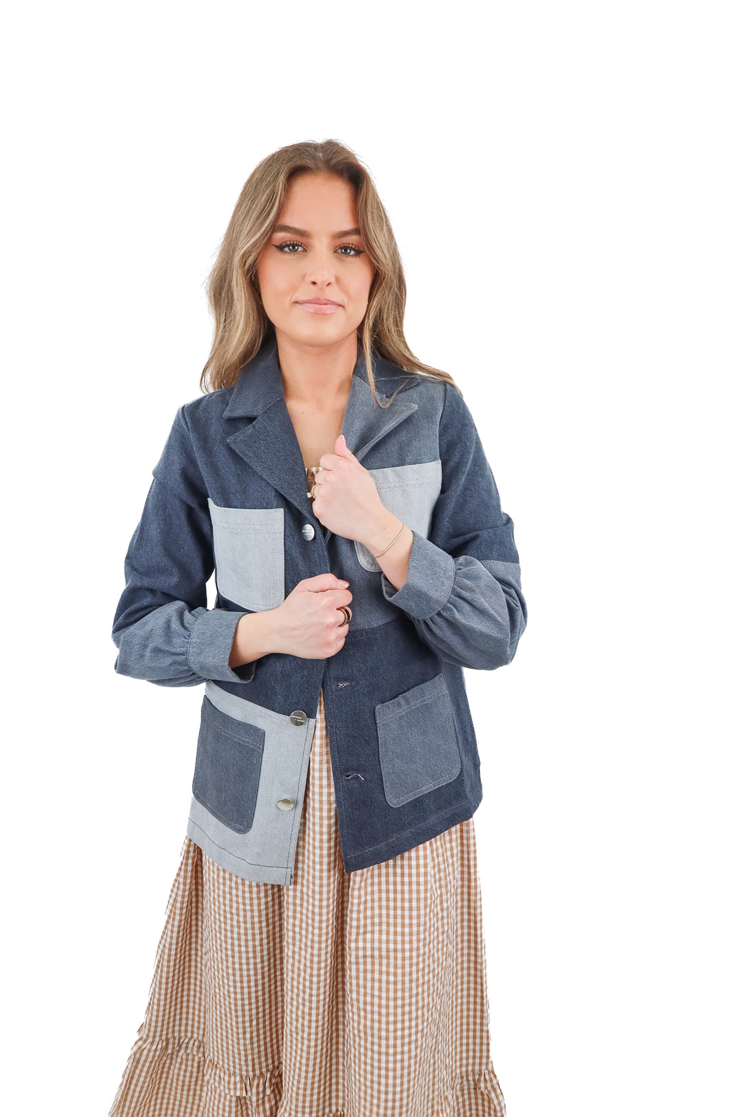 seventy + mochi denim colorblock jacket NWT (xs; retail $310)