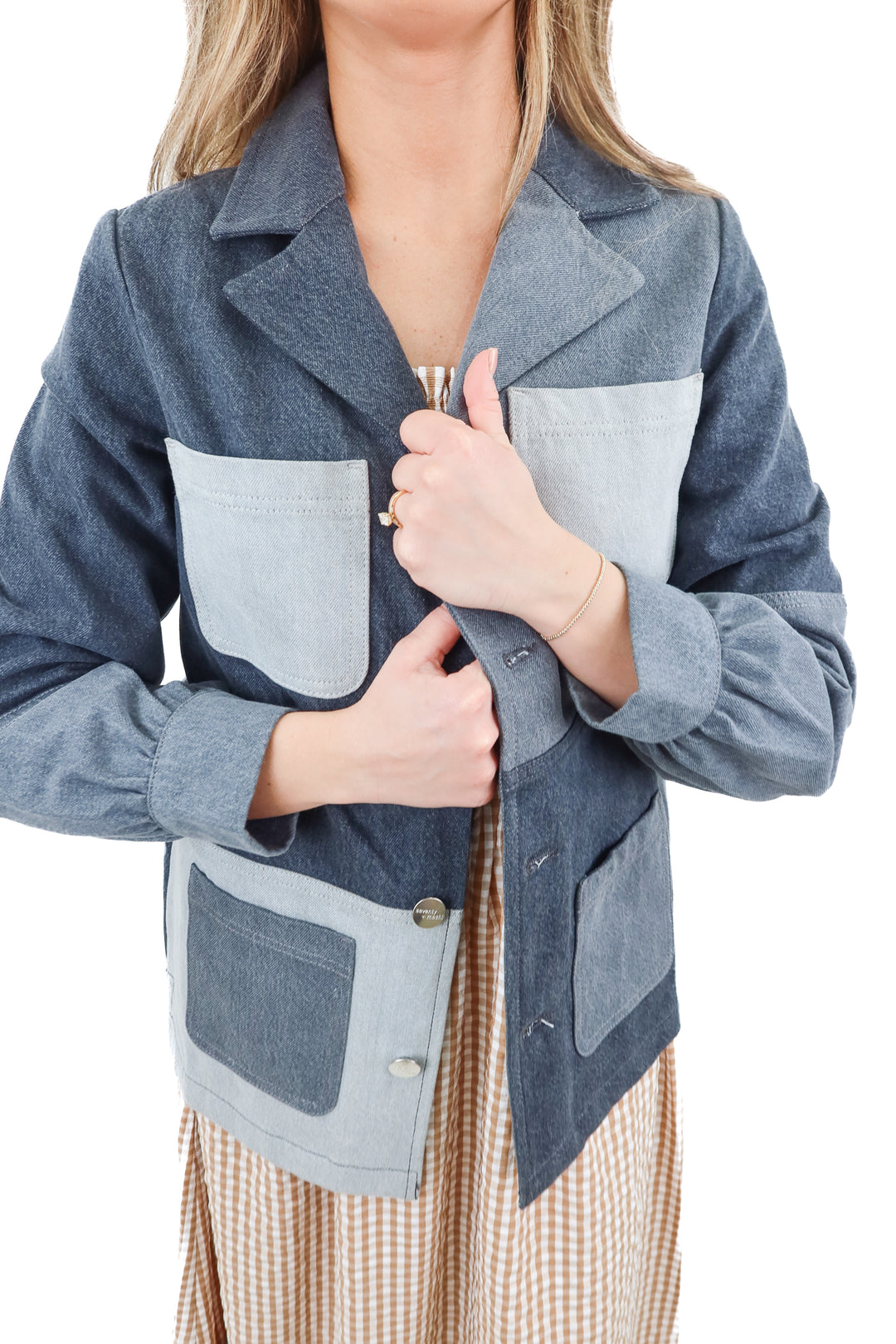 seventy + mochi denim colorblock jacket NWT (xs; retail $310)