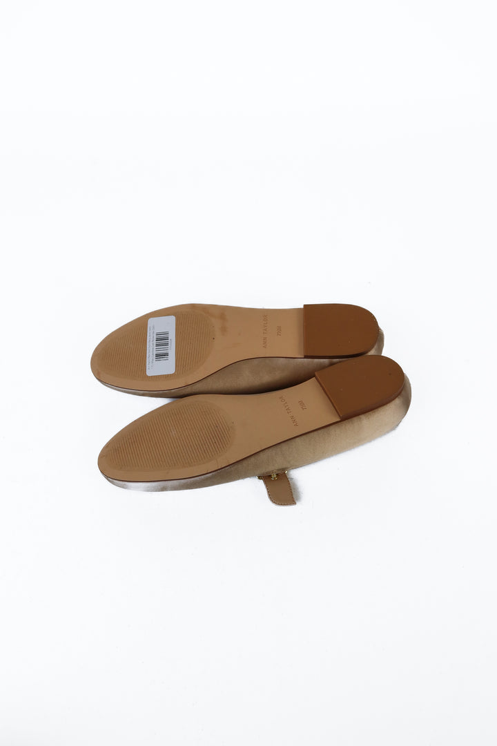 Ann Taylor Pale Gold Satin Mary Janes NWOT (7.5; retail $158)