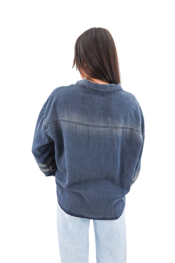 vintage havana blue rhinestone button up (l)