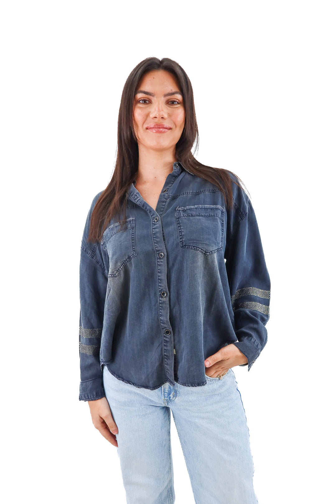 vintage havana blue rhinestone button up (l)