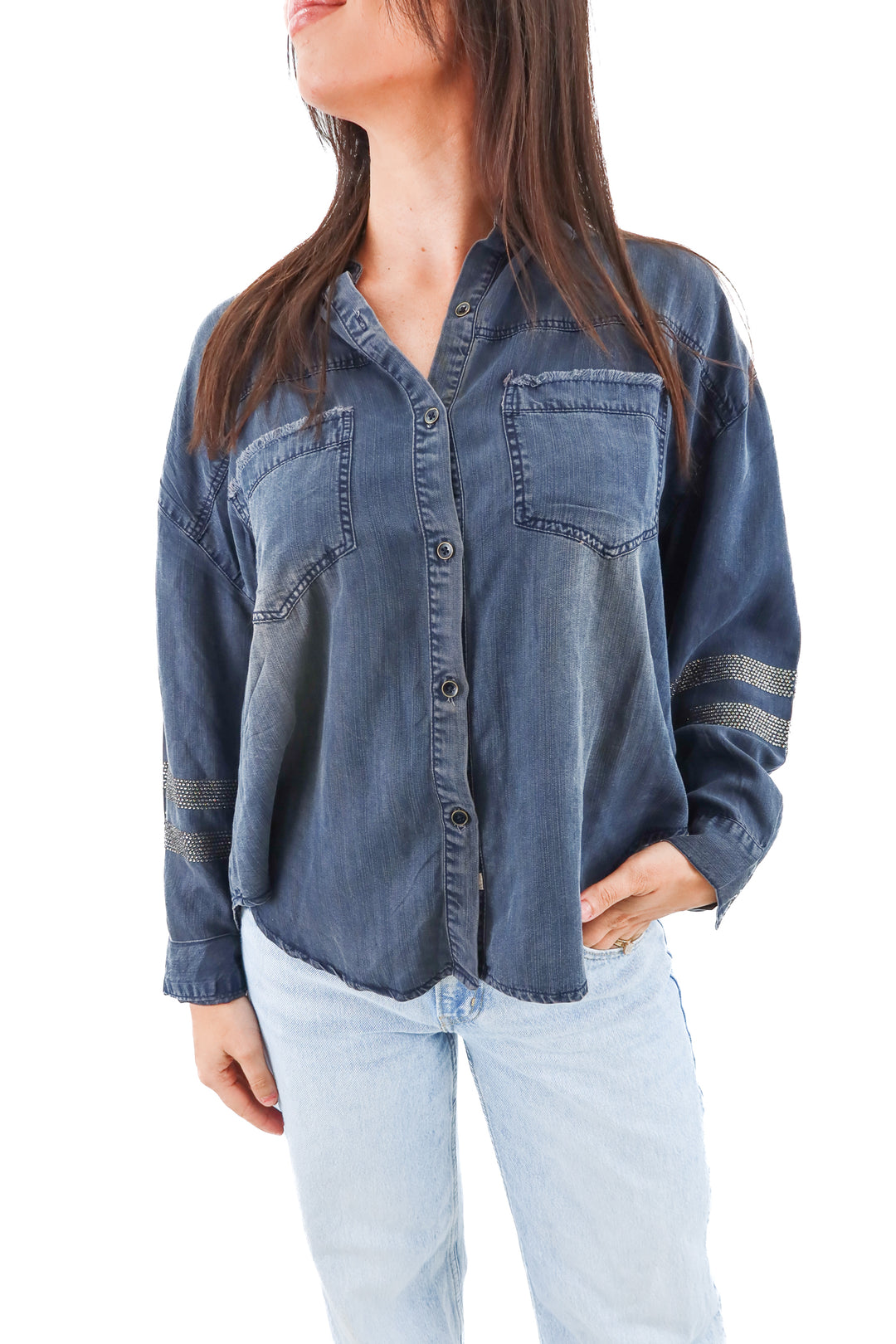 vintage havana blue rhinestone button up (l)