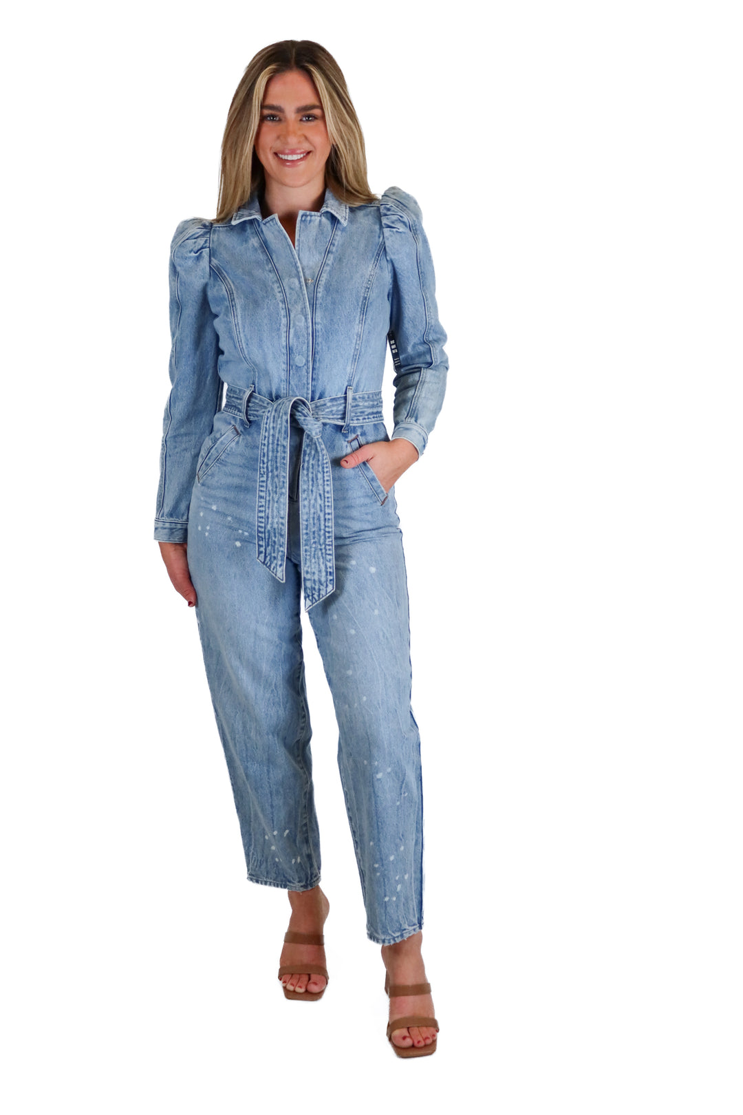Express light wash denim jumpsuit NWT (0; retail $168)