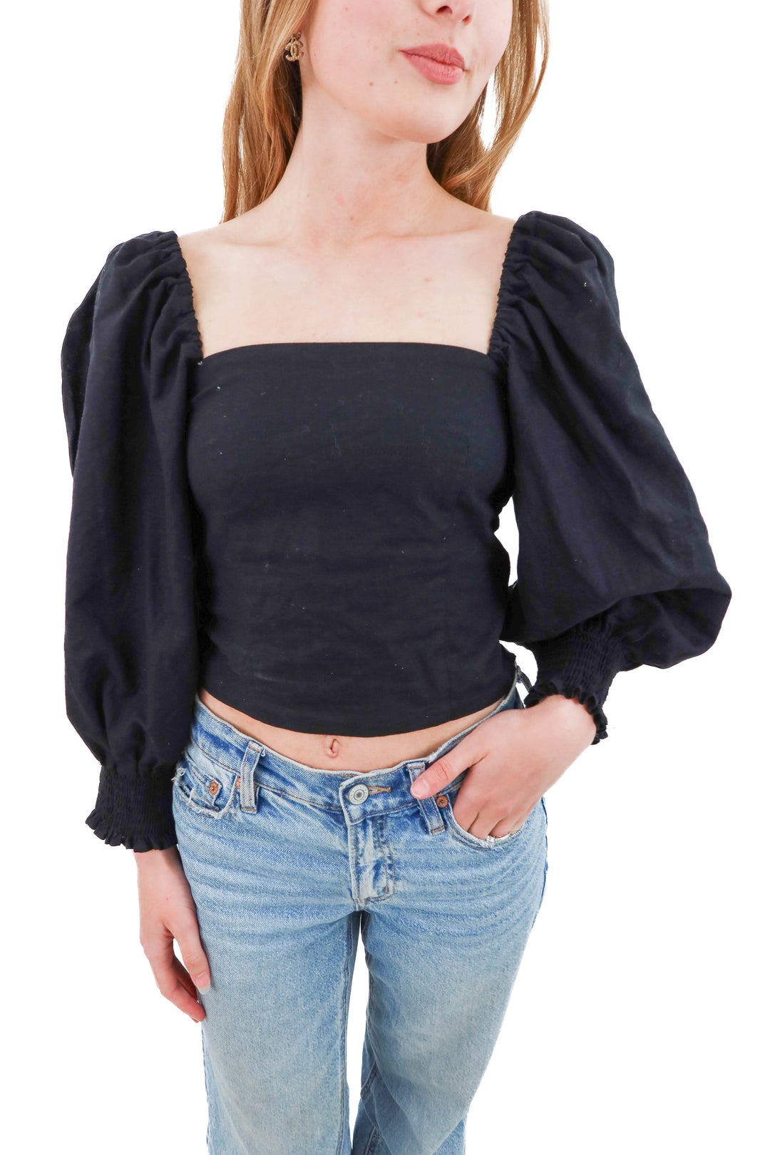 o.p.t black long puff sleeve top (xs)