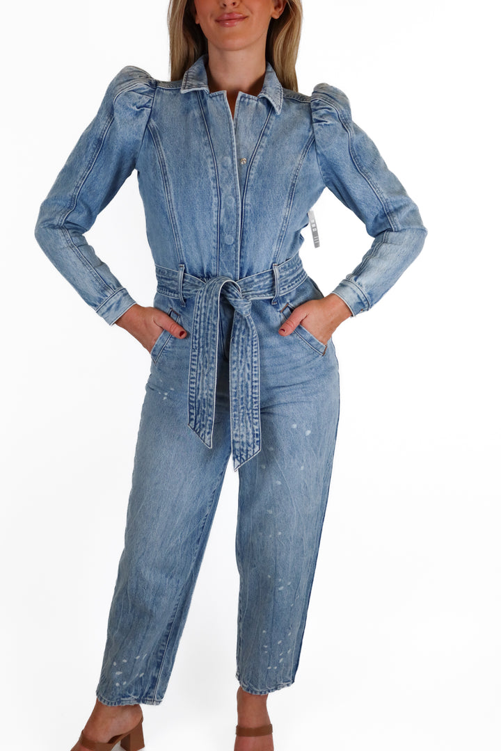 Express light wash denim jumpsuit NWT (0; retail $168)