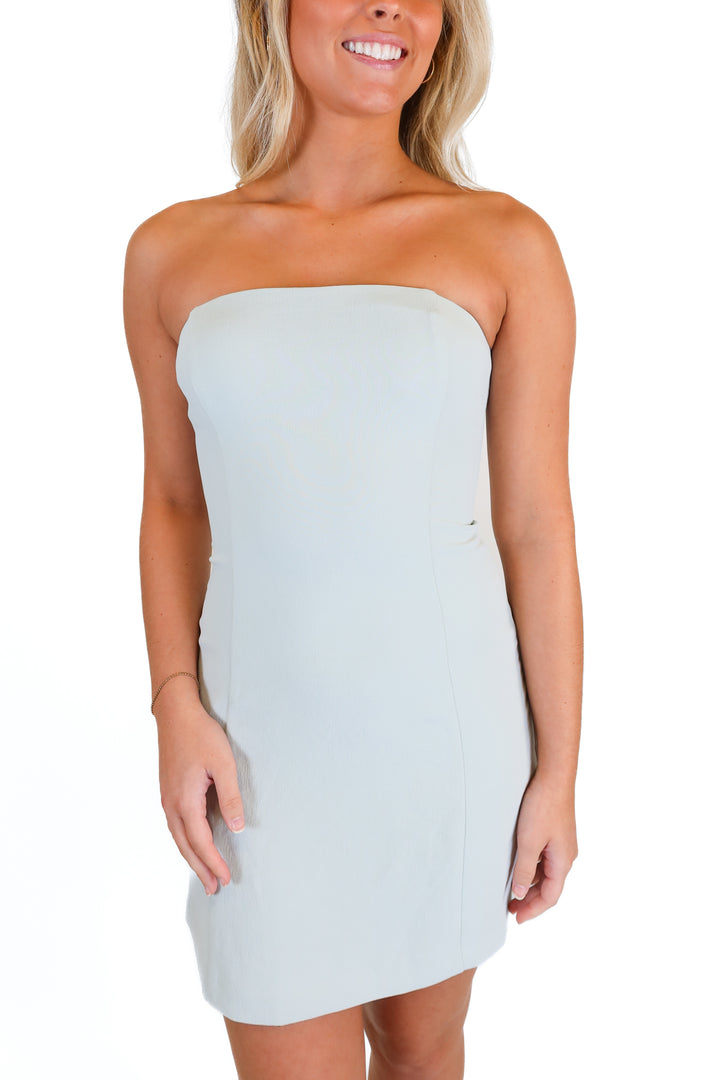 wilfred light blue strapless bodycon dress (xs)