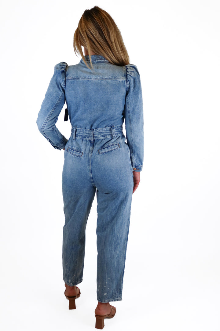Express light wash denim jumpsuit NWT (0; retail $168)
