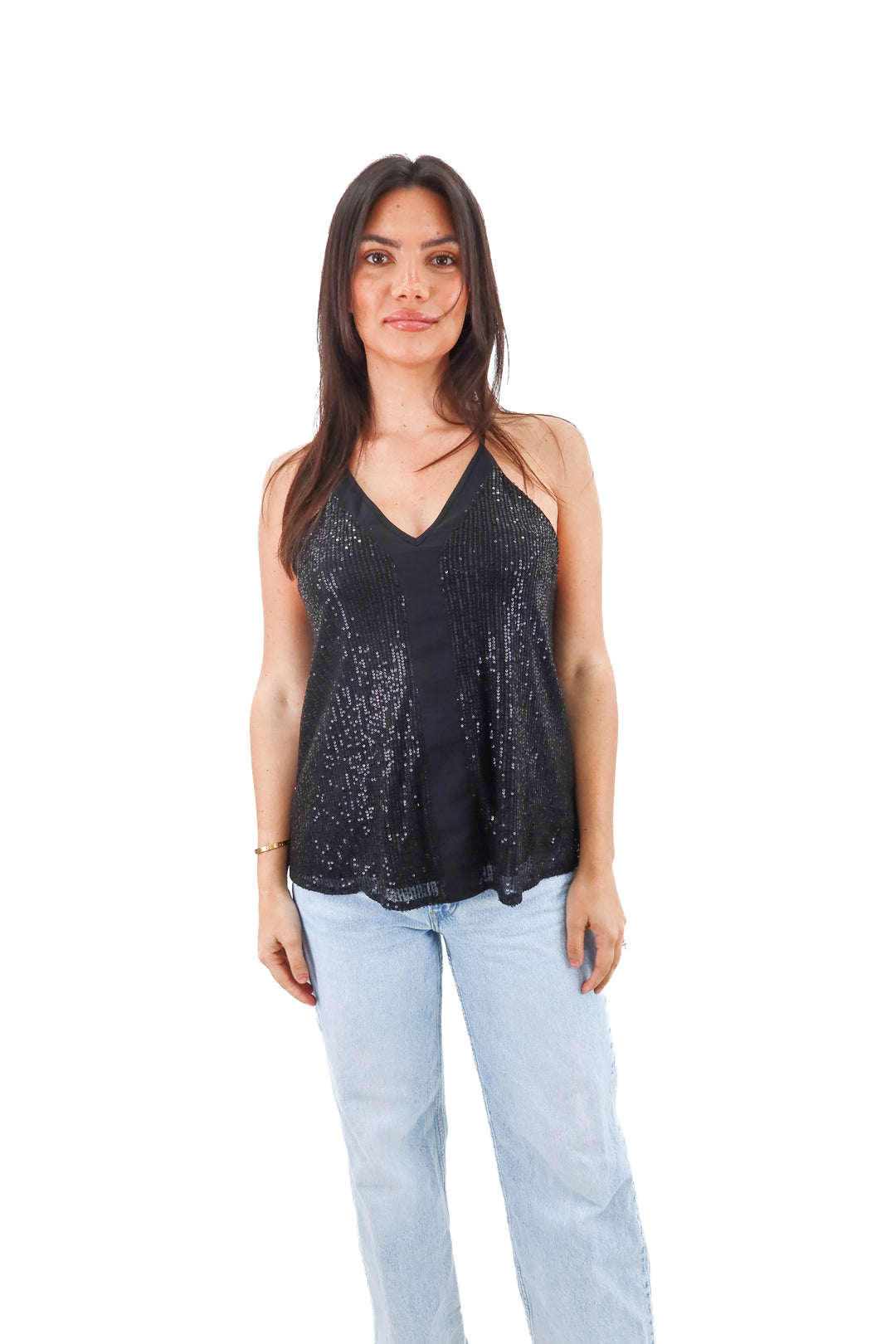 black sequin deep v tank (m)