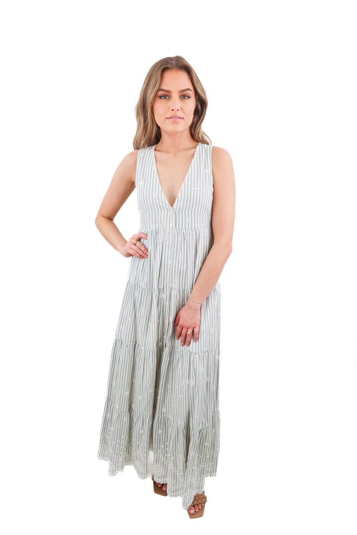 Sezane blue stripe broderie anglais maxi dress NWT (2)