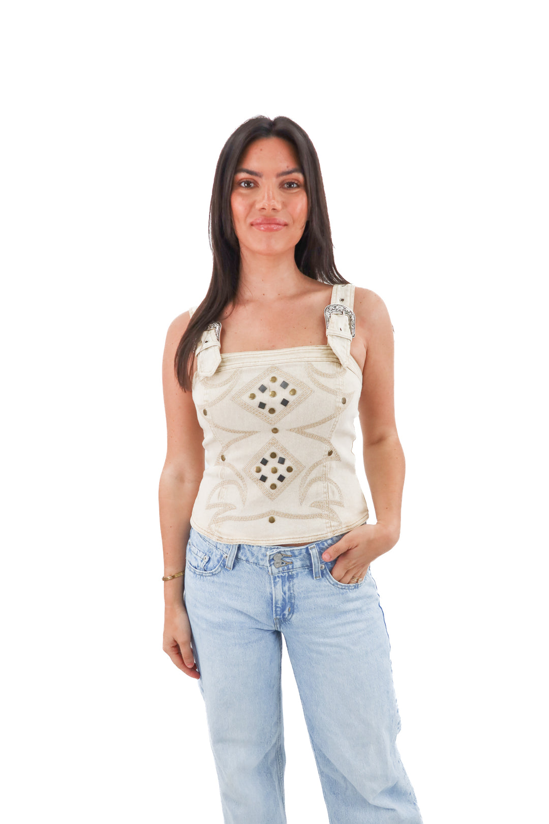 blue b khaki studded belt top (m; retail $65)
