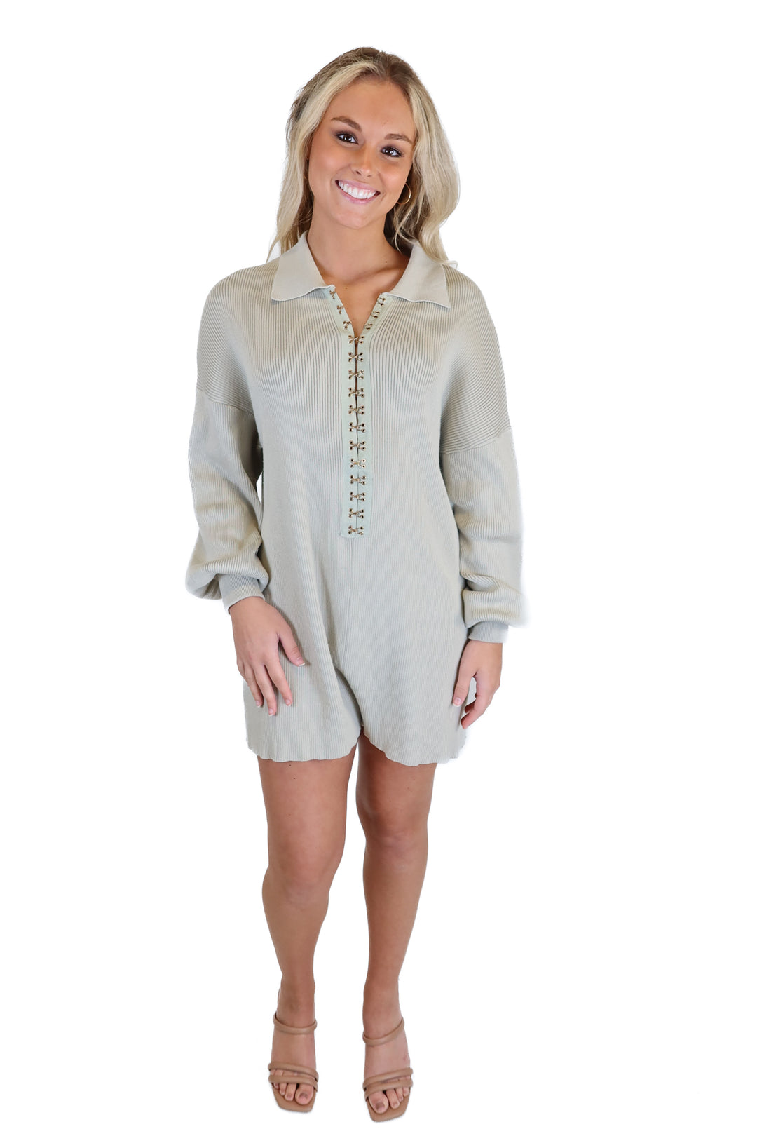 Princess Polly Tan Rib Knit Hook & Eye Detail Romper (S/M)