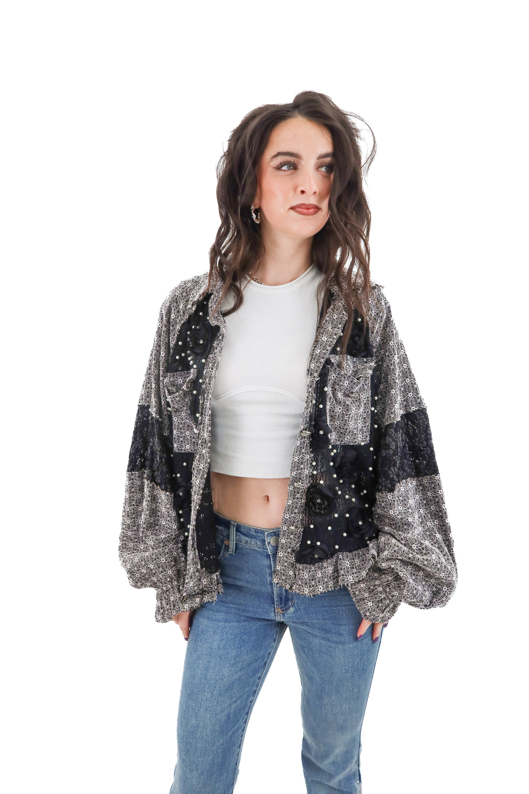 pol black floral button up top (s)