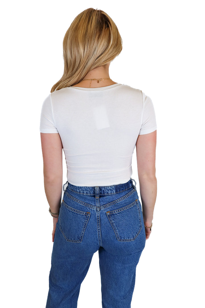 Vici White Snap Henley Ribbed Bodysuit (S)