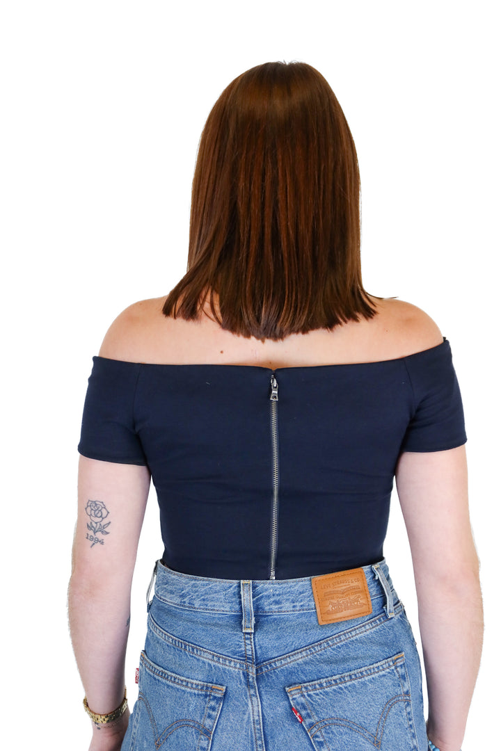 Alice + Olivia Navy Off-the-Shoulder Top (S)