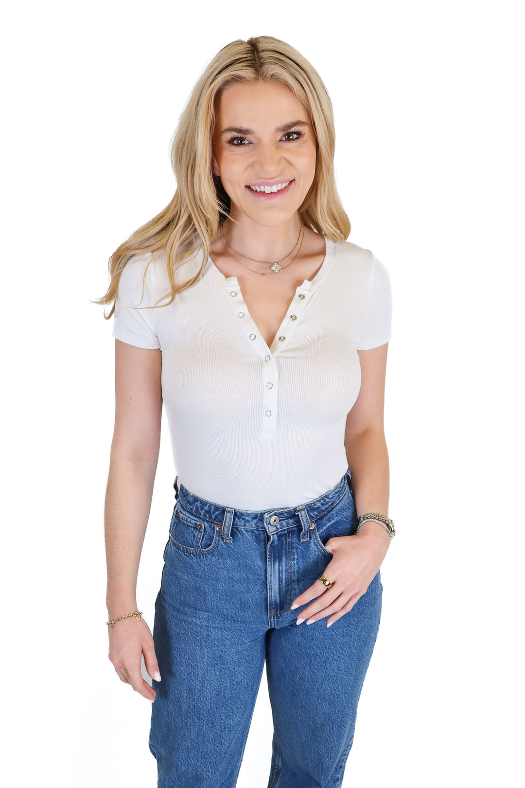Vici White Snap Henley Ribbed Bodysuit (S)