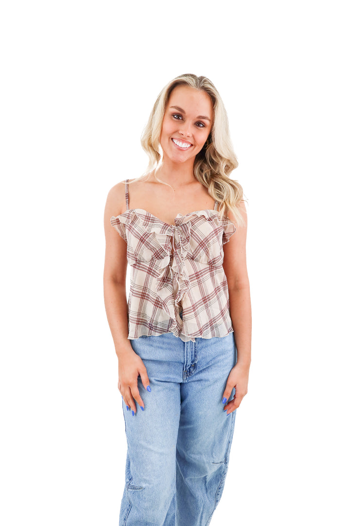 american eagle tan and burgundy plaid printed ruffle top (XS; retail $54.95)