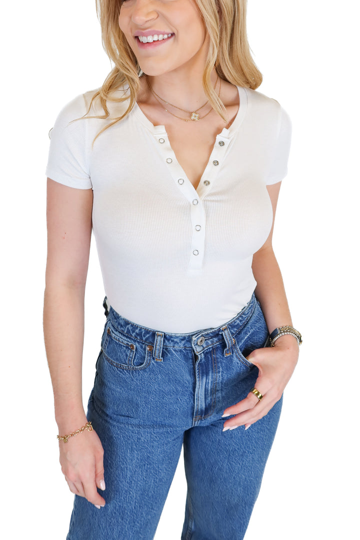 Vici White Snap Henley Ribbed Bodysuit (S)