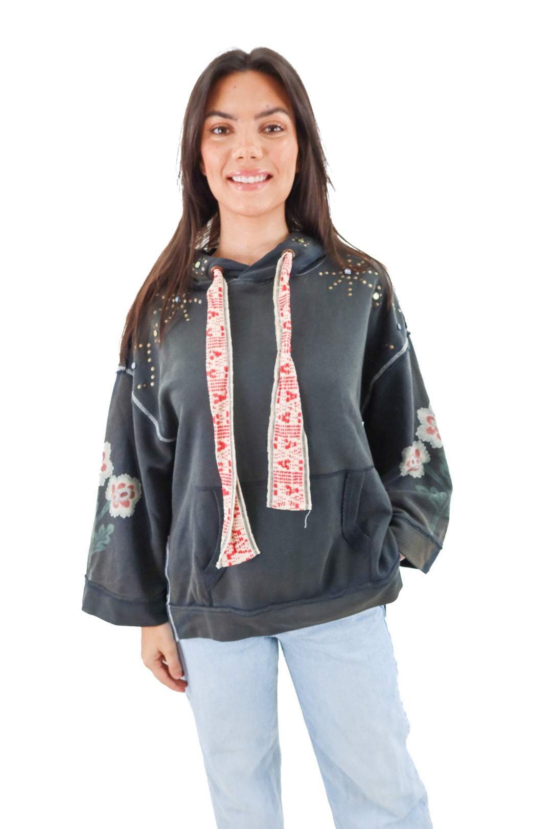 we the free black floral studded sweatshirt nwt (xs; retail $198)