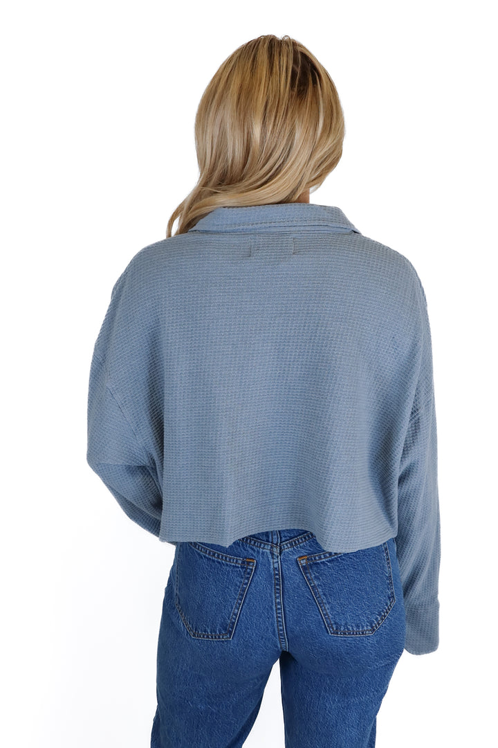 Tribe Kelley Blue Waffle Cropped Button Front Top (XS/S)