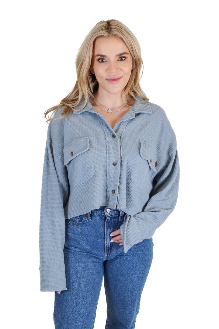 Tribe Kelley Blue Waffle Cropped Button Front Top (XS/S)