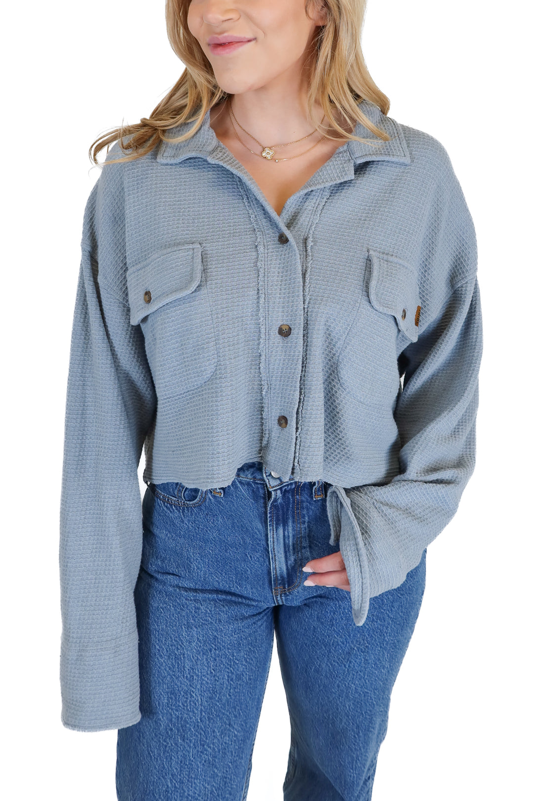 Tribe Kelley Blue Waffle Cropped Button Front Top (XS/S)
