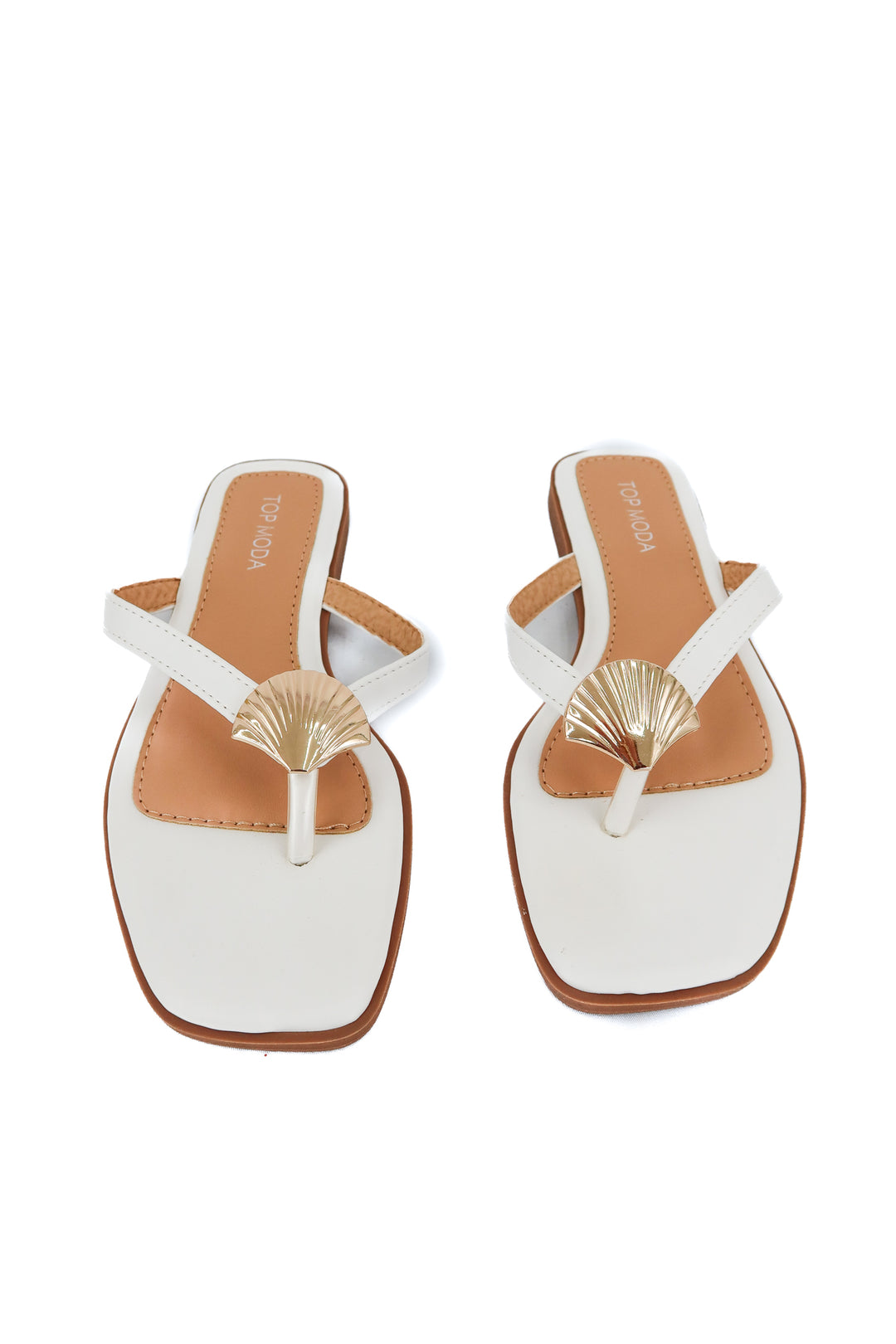 top moda white sandals with gold seashell (6.5)