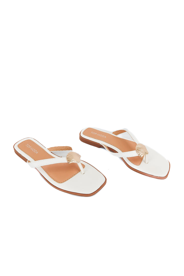 top moda white sandals with gold seashell (6.5)