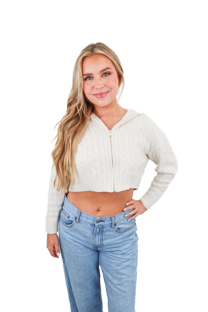 sunday best ivory cable knit cropped zip up (s; retail $128)